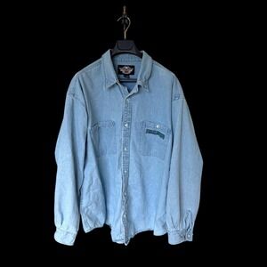 90's Harley-Davidson 3XL Blue Denim Long Sleeve Button Down Shirt Logo
